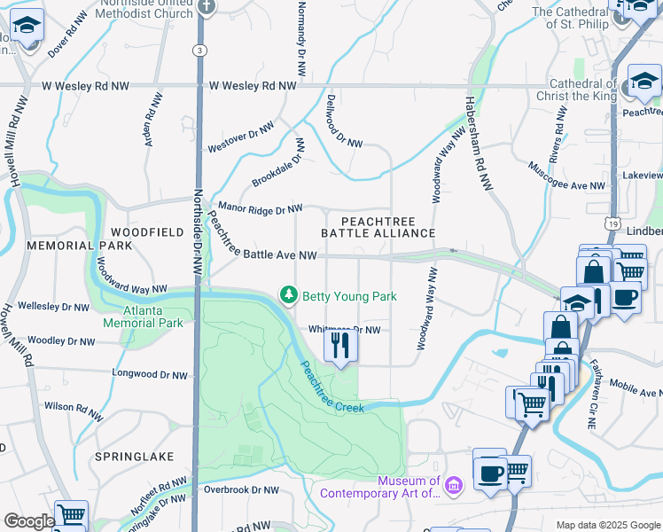 map of restaurants, bars, coffee shops, grocery stores, and more near 420 Peachtree Battle Avenue Northwest in Atlanta