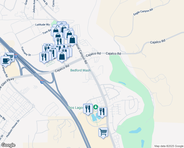 map of restaurants, bars, coffee shops, grocery stores, and more near Temescal Canyon Road in Corona