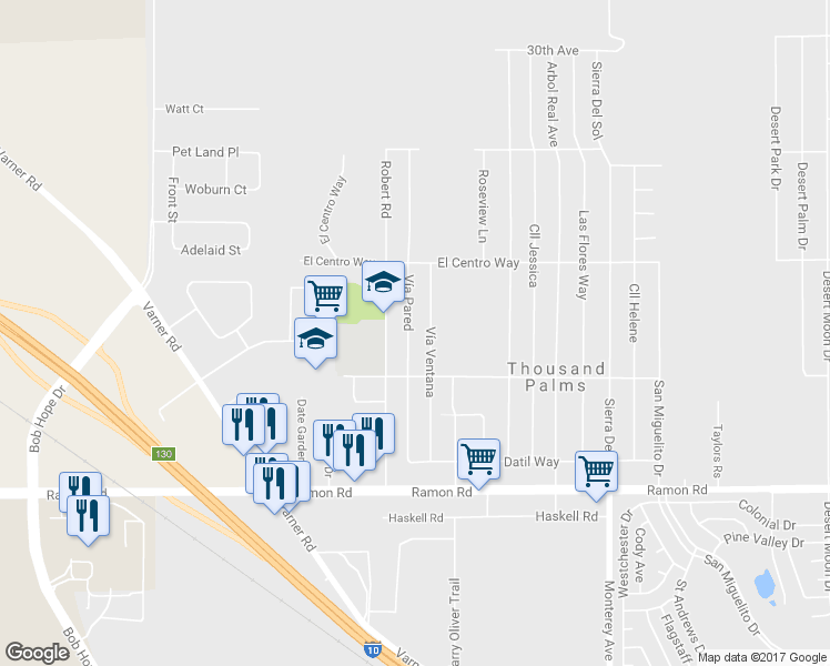 map of restaurants, bars, coffee shops, grocery stores, and more near 31320 Vía Pared in Thousand Palms