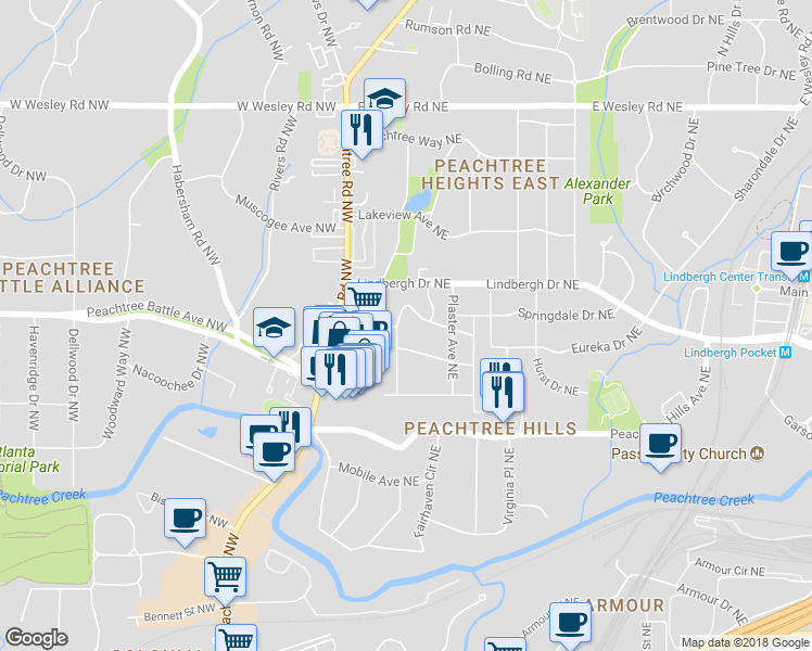 map of restaurants, bars, coffee shops, grocery stores, and more near 101 Terrace Drive Northeast in Atlanta