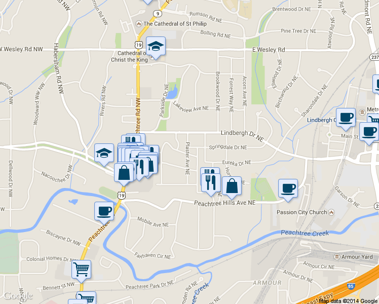 map of restaurants, bars, coffee shops, grocery stores, and more near 132 East Dr Northeast in Atlanta