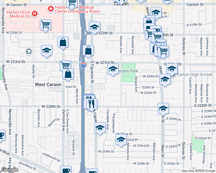 map of restaurants, bars, coffee shops, grocery stores, and more near 415 226th Street in Carson