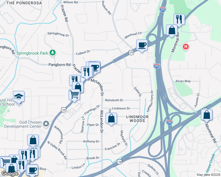 map of restaurants, bars, coffee shops, grocery stores, and more near 3170 Gablewood Court in Decatur
