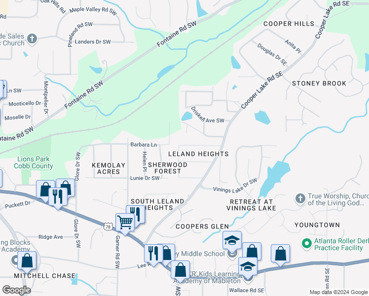map of restaurants, bars, coffee shops, grocery stores, and more near 133 Strickland Drive Southwest in Mableton
