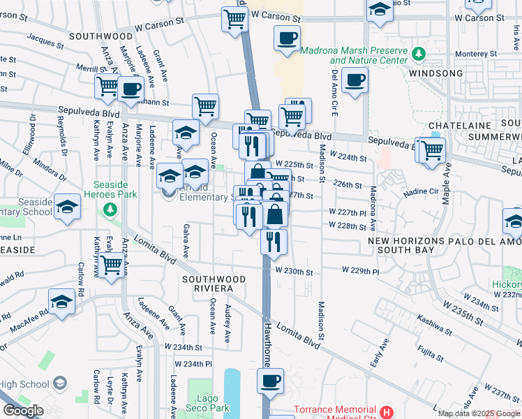 map of restaurants, bars, coffee shops, grocery stores, and more near 22715 Hawthorne Boulevard in Torrance