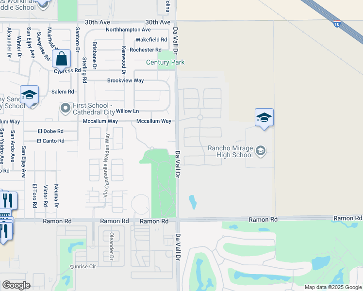 map of restaurants, bars, coffee shops, grocery stores, and more near 159 Via Siena in Rancho Mirage