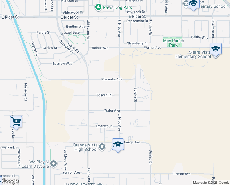map of restaurants, bars, coffee shops, grocery stores, and more near 20633 El Nido Avenue in Perris