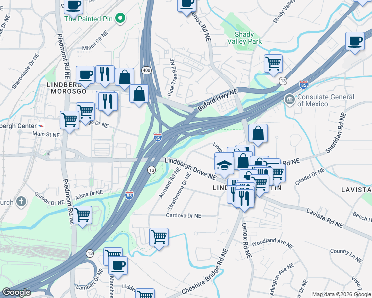 map of restaurants, bars, coffee shops, grocery stores, and more near 970 Lindridge Drive Northeast in Atlanta