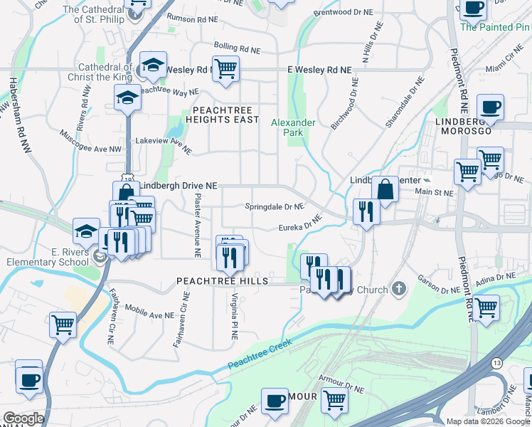 map of restaurants, bars, coffee shops, grocery stores, and more near 244 Springdale Drive Northeast in Atlanta