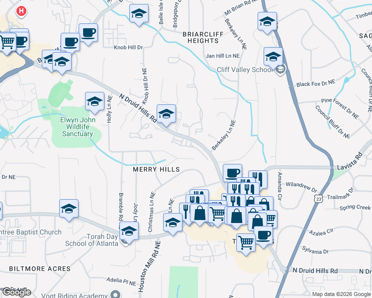 map of restaurants, bars, coffee shops, grocery stores, and more near 1440 Druid Manor Boulevard in Atlanta