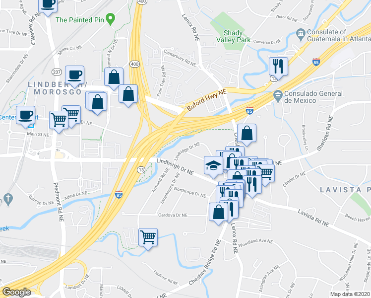 map of restaurants, bars, coffee shops, grocery stores, and more near 990 Lindridge Drive Northeast in Atlanta