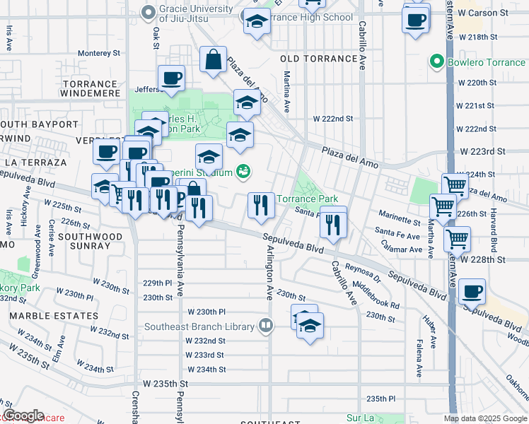 map of restaurants, bars, coffee shops, grocery stores, and more near 2612 Apple Avenue in Torrance