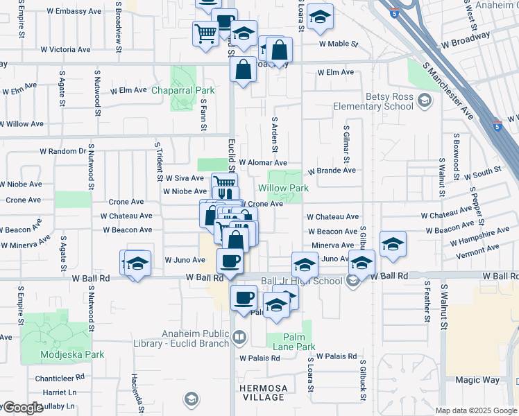 map of restaurants, bars, coffee shops, grocery stores, and more near 1658 West Crone Avenue in Anaheim