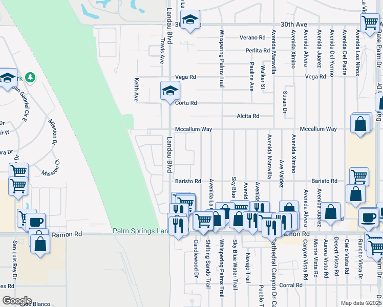 map of restaurants, bars, coffee shops, grocery stores, and more near 31200 Landau Boulevard in Cathedral City