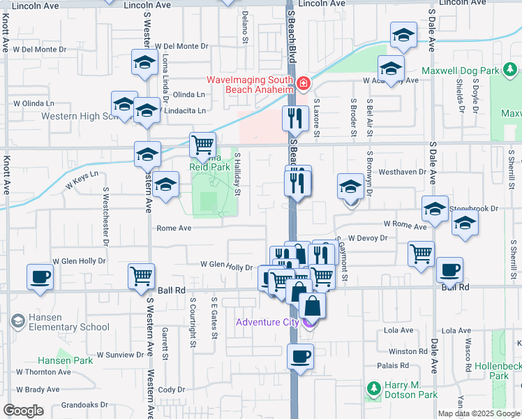 map of restaurants, bars, coffee shops, grocery stores, and more near 701 South Hayward Street in Anaheim