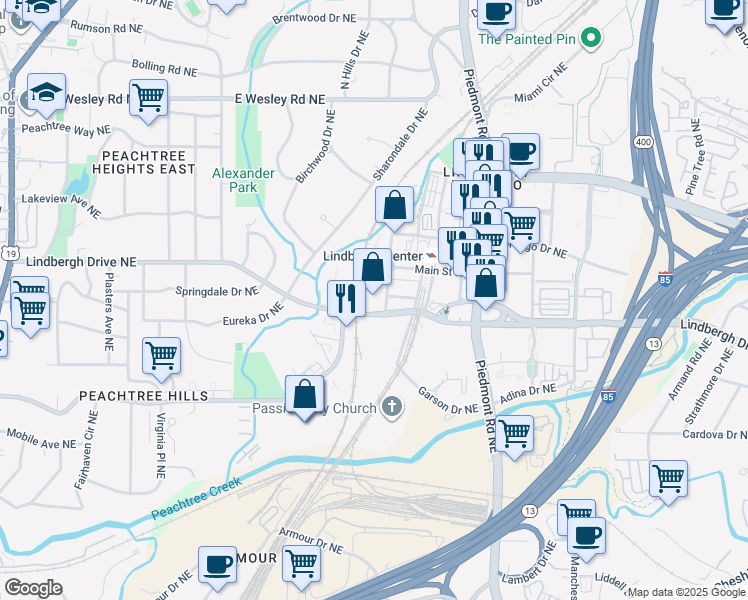 map of restaurants, bars, coffee shops, grocery stores, and more near 2410 Camellia Lane Northeast in Atlanta