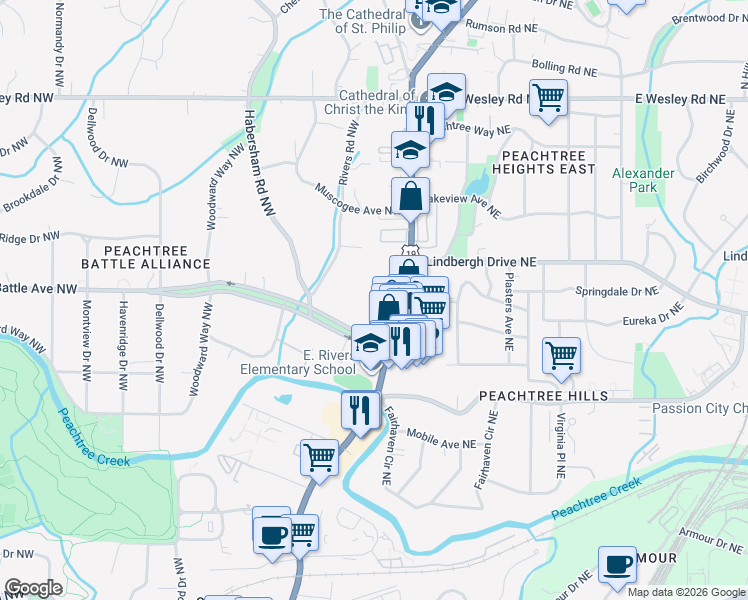 map of restaurants, bars, coffee shops, grocery stores, and more near 2440 Peachtree Road Northwest in Atlanta