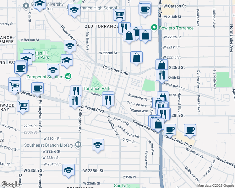 map of restaurants, bars, coffee shops, grocery stores, and more near 2602 Cabrillo Avenue in Torrance
