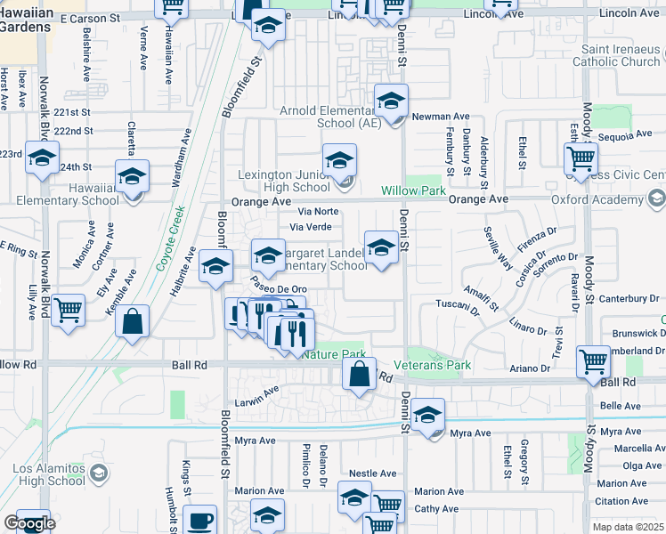 map of restaurants, bars, coffee shops, grocery stores, and more near 9669 Avenida Monterey in Cypress