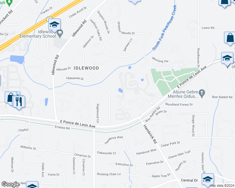 map of restaurants, bars, coffee shops, grocery stores, and more near 4010 Orchard Hill Terrace in Stone Mountain