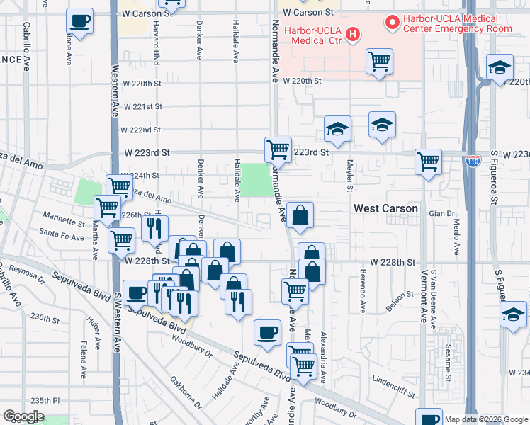 map of restaurants, bars, coffee shops, grocery stores, and more near 1309 Songbird Way in Torrance
