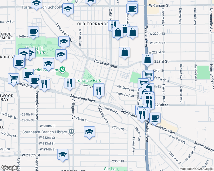 map of restaurants, bars, coffee shops, grocery stores, and more near 2602 Cabrillo Avenue in Torrance