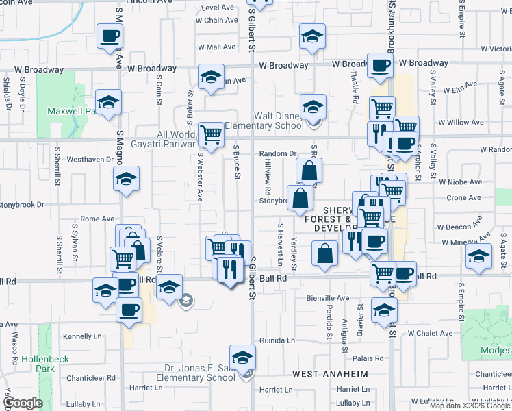 map of restaurants, bars, coffee shops, grocery stores, and more near 9502 Stonybrook Drive in Anaheim