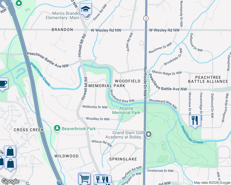 map of restaurants, bars, coffee shops, grocery stores, and more near 725 Woodward Way Northwest in Atlanta