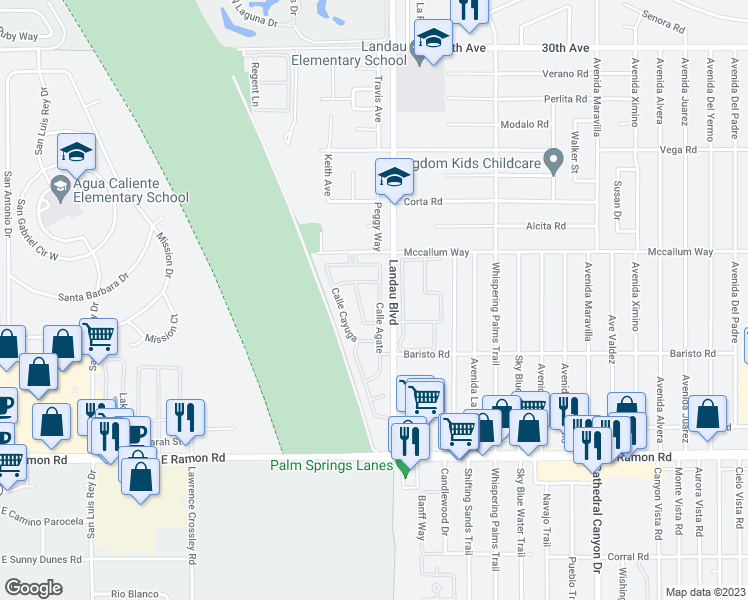 map of restaurants, bars, coffee shops, grocery stores, and more near 31217 Calle Agate in Cathedral City