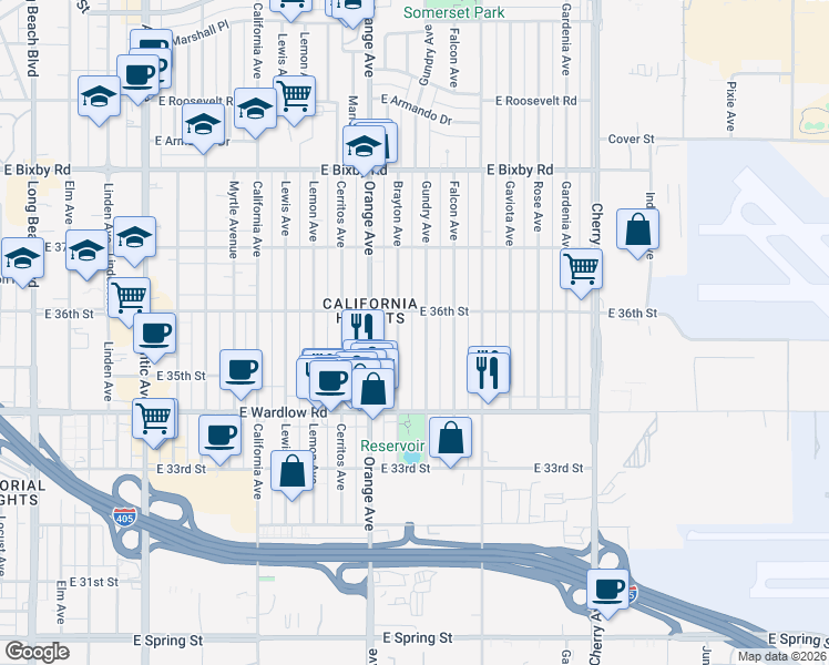 map of restaurants, bars, coffee shops, grocery stores, and more near 3565 Gundry Avenue in Long Beach