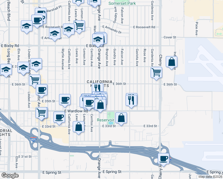 map of restaurants, bars, coffee shops, grocery stores, and more near 3565 Gundry Avenue in Long Beach