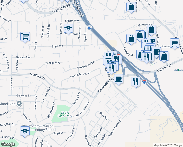 map of restaurants, bars, coffee shops, grocery stores, and more near 2070 Crystal Downs Drive in Corona