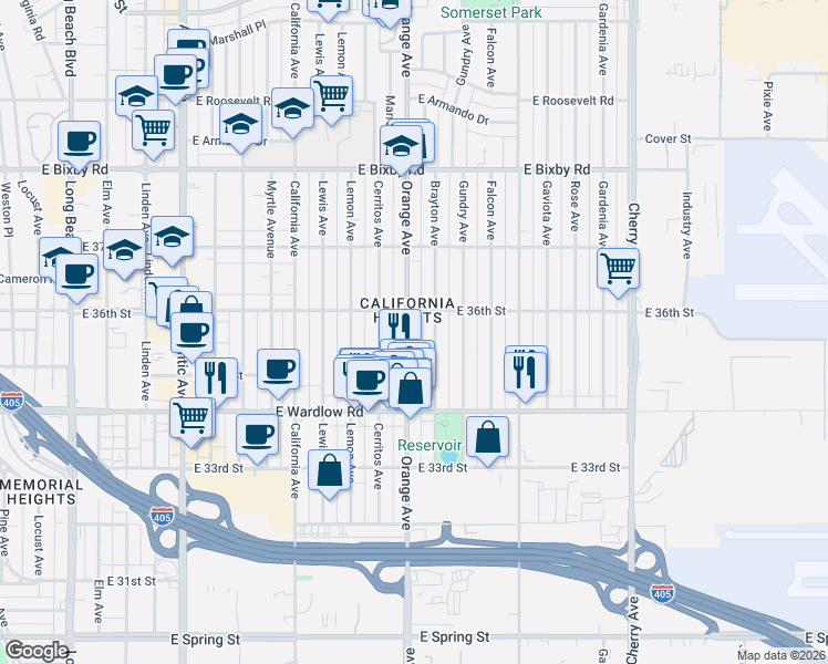 map of restaurants, bars, coffee shops, grocery stores, and more near 3590 Orange Avenue in Long Beach