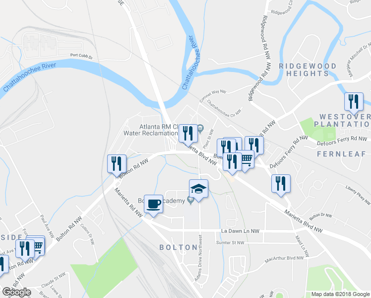 map of restaurants, bars, coffee shops, grocery stores, and more near 2418 Bolton Road Northwest in Atlanta