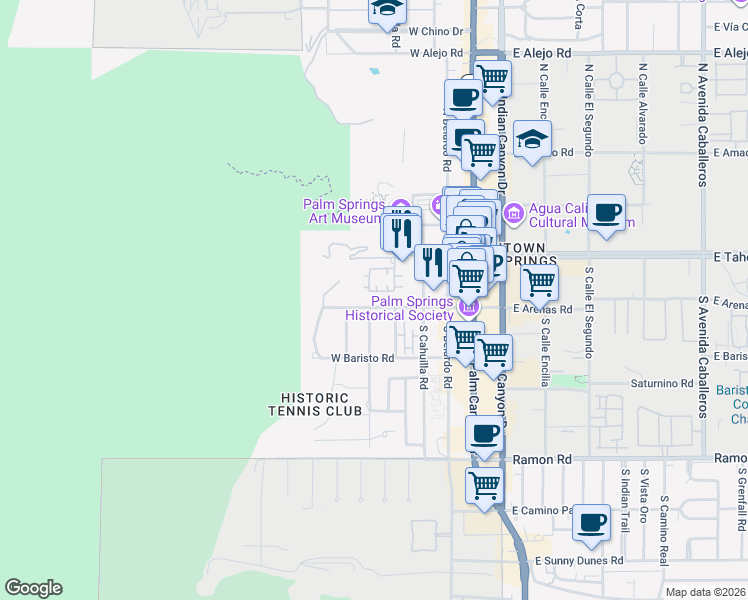 map of restaurants, bars, coffee shops, grocery stores, and more near 500 West Arenas Road in Palm Springs
