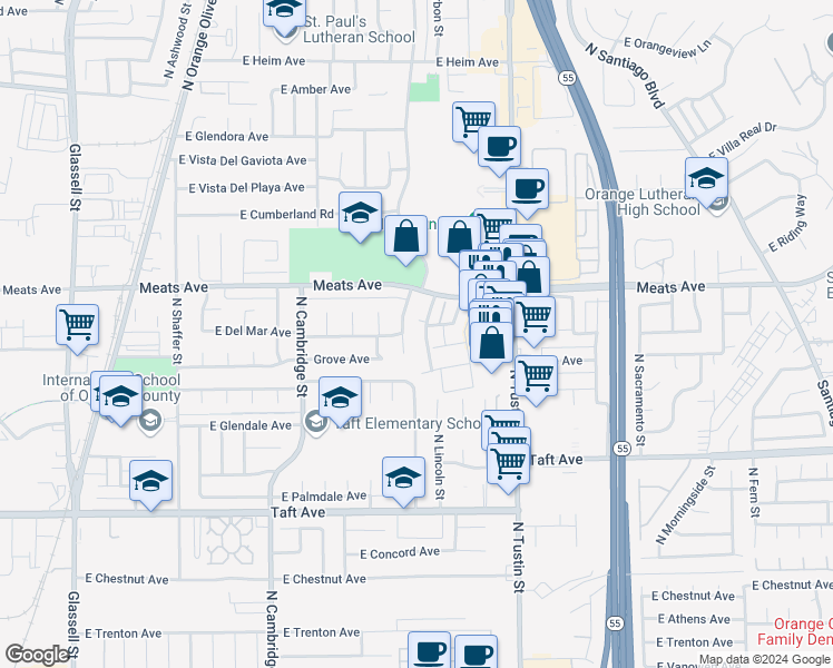 map of restaurants, bars, coffee shops, grocery stores, and more near 2039 North Greengrove Street in Orange
