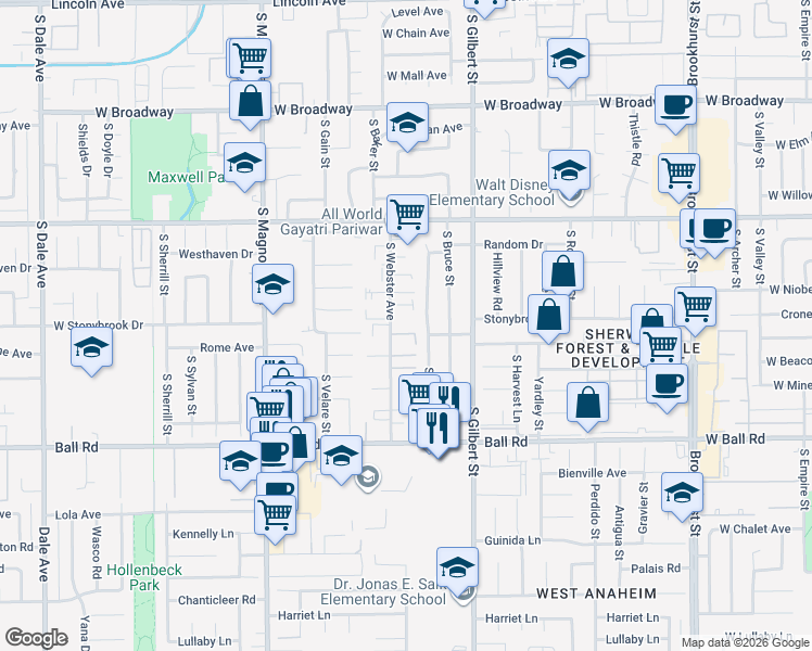 map of restaurants, bars, coffee shops, grocery stores, and more near 708 South Webster Avenue in Anaheim