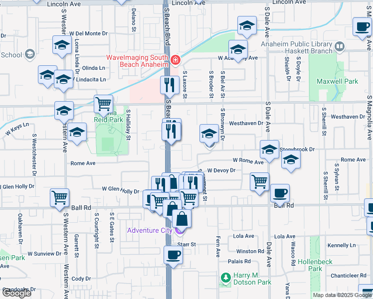 map of restaurants, bars, coffee shops, grocery stores, and more near 730 South Beach Boulevard in Anaheim