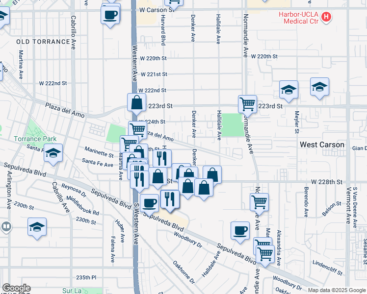 map of restaurants, bars, coffee shops, grocery stores, and more near 1537 Plaza del Amo in Torrance