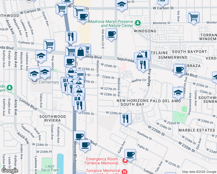 map of restaurants, bars, coffee shops, grocery stores, and more near 3419 West 227th Street in Torrance