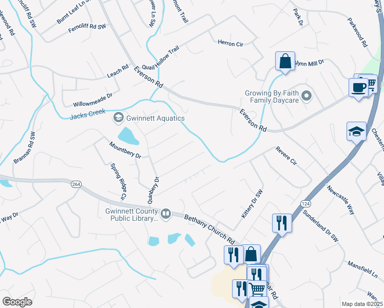 map of restaurants, bars, coffee shops, grocery stores, and more near 3725 Linwood Way in Snellville