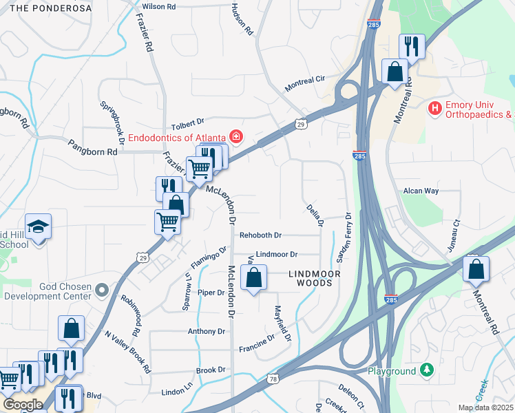 map of restaurants, bars, coffee shops, grocery stores, and more near 3176 Gablewood Court in Decatur