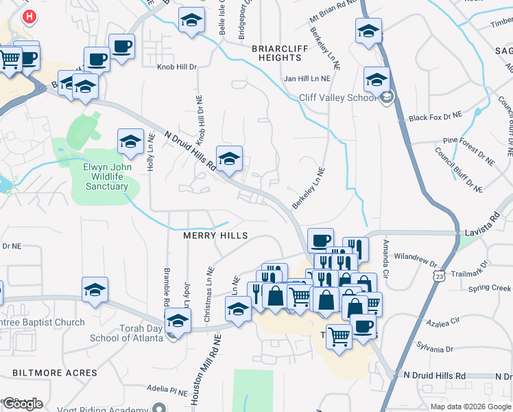map of restaurants, bars, coffee shops, grocery stores, and more near 1440 Druid Manor Boulevard in Atlanta