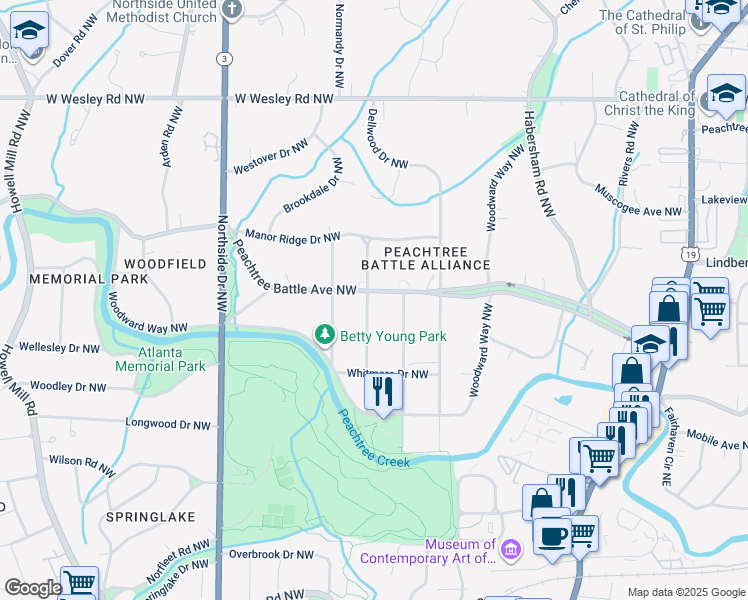 map of restaurants, bars, coffee shops, grocery stores, and more near 420 Peachtree Battle Avenue Northwest in Atlanta