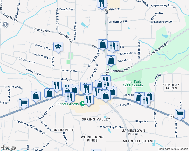 map of restaurants, bars, coffee shops, grocery stores, and more near 5417 Carol Circle Southwest in Mableton