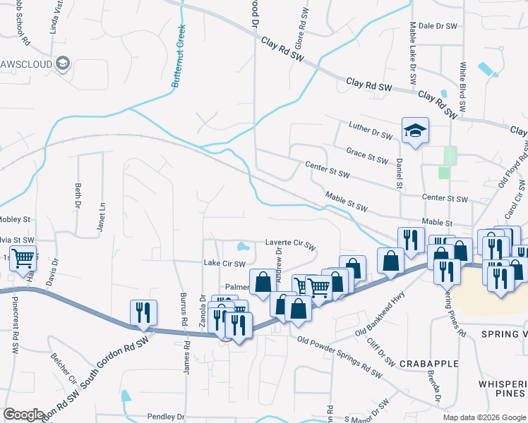 map of restaurants, bars, coffee shops, grocery stores, and more near 1359 Vonda Lane Southwest in Mableton