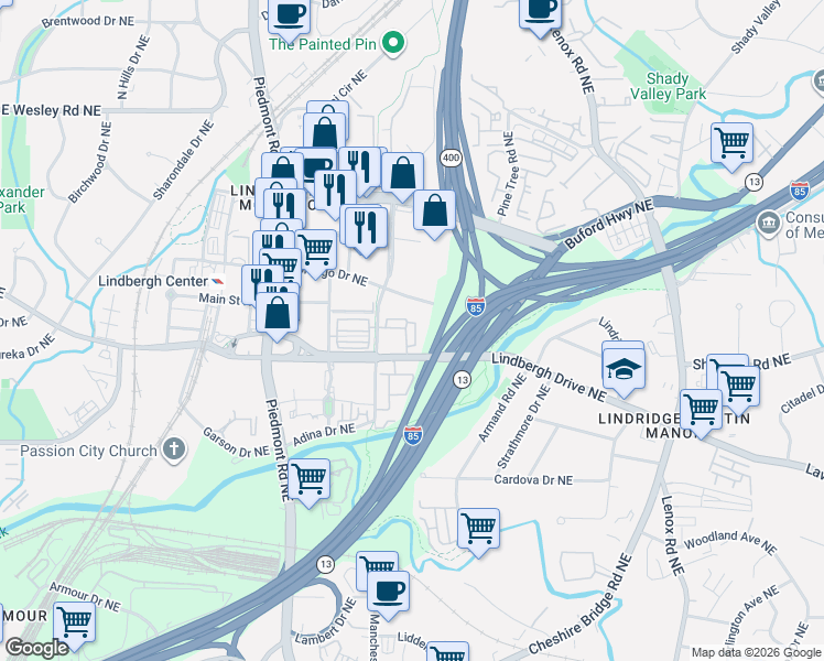 map of restaurants, bars, coffee shops, grocery stores, and more near 730 Taylor Court in Atlanta