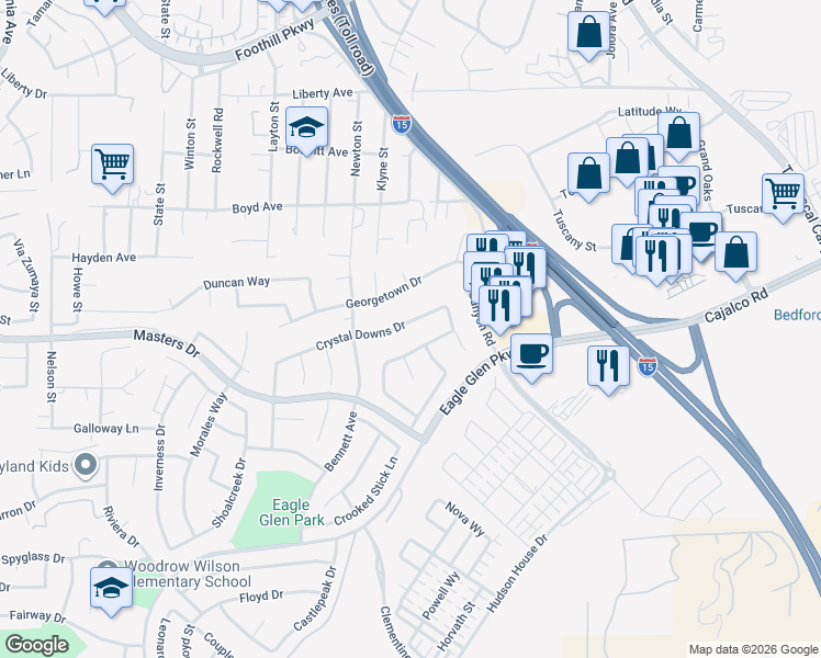 map of restaurants, bars, coffee shops, grocery stores, and more near 2070 Crystal Downs Drive in Corona