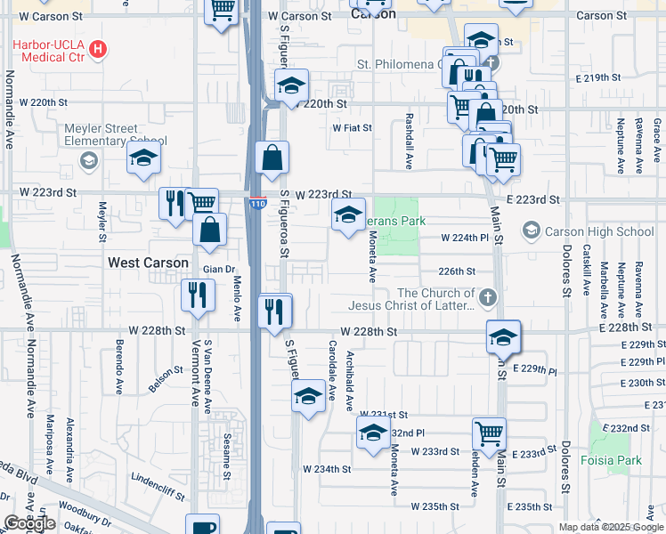 map of restaurants, bars, coffee shops, grocery stores, and more near 415 226th Street in Carson
