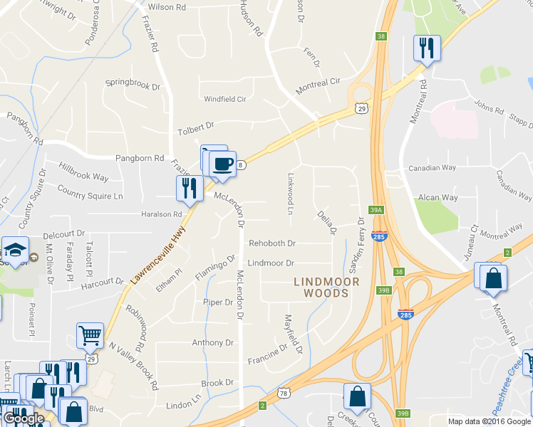 map of restaurants, bars, coffee shops, grocery stores, and more near 3176 Gablewood Court in Decatur